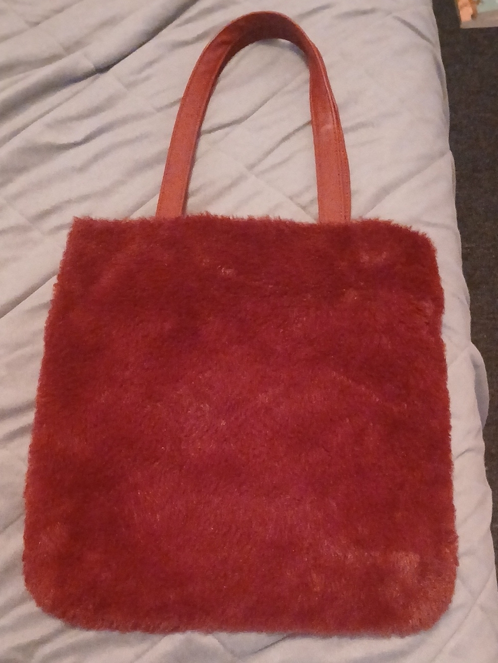 Forever 21 Red Faux Fur Tote with Leather-Look Handles